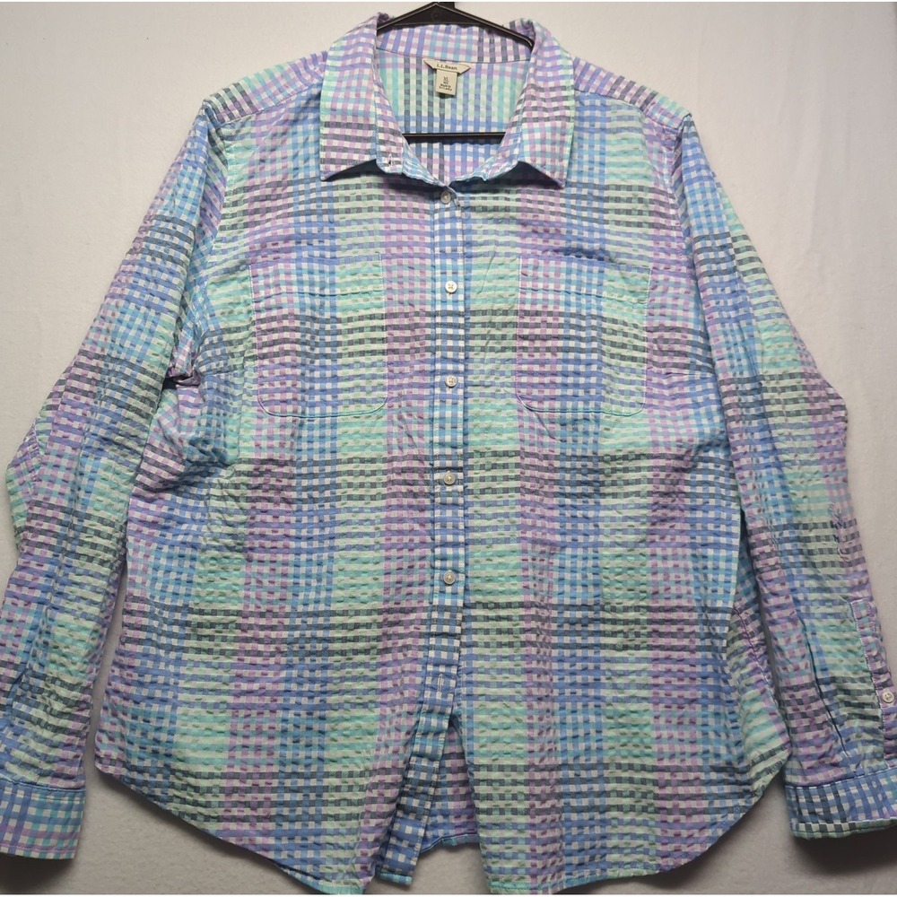 LL Bean‎ Shirt Womens XL Blue Plaid Vacationland Seersucker Long Sleeve FLAW